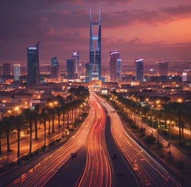 A view of a highway with cars and buildings in the background