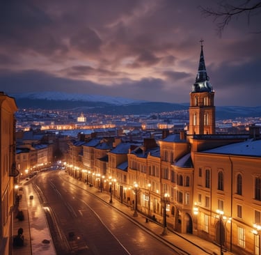 a church with a steeple lit up at night