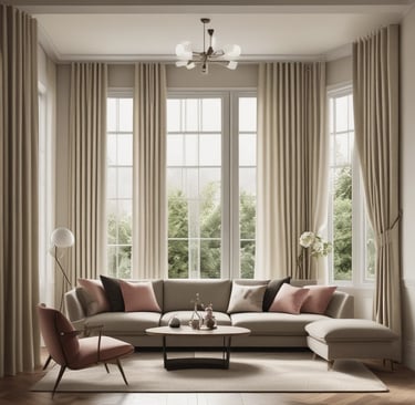 A cozy living room bathed in soft natural light filtering through elegant sheer curtains.