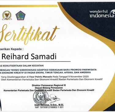 Official certificate of appreciation for Reihard Samadi from Wonderful Indonesia and Kemenparekraf.
