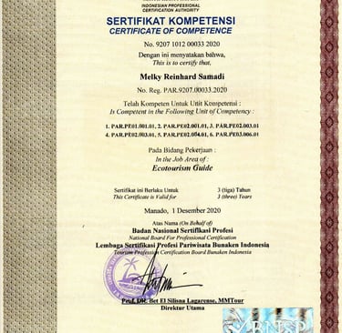 Indonesian Professional Certification Authority certificate of competence for Ecotourism Guide.