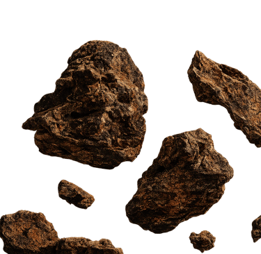 Textured brown volcanic rocks and floating stone fragments isolated on a solid black background.