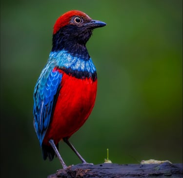 A vibrant Blue-headed Pitta with red, black, and turquoise plumage perched on a mossy log.