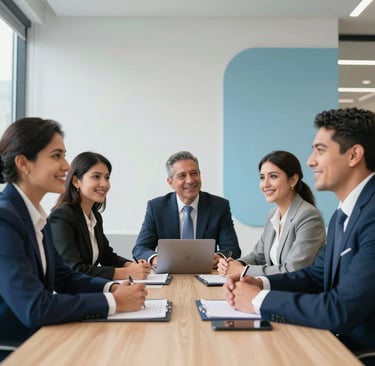 A group of Hispanic business professionals in a bright, modern office having a productive meeting, with navy and light blue accents in the furniture, looking optimistic and focused.