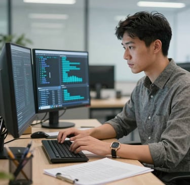 A sleek, dark-themed workspace with a laptop displaying data analytics and AI models.