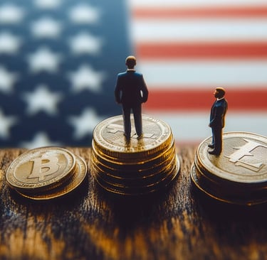 “Representación de criptomonedas y figuras empresariales frente a la bandera de Estados Unidos que s