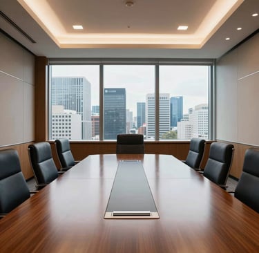 Wide-angle photography of a sophisticated corporate training room. A polished boardroom table sits in front of a panoramic window overlooking a modern city skyline. The room features warm wood textures and clean steel blue accents. A high-end atmosphere of leadership and excellence.