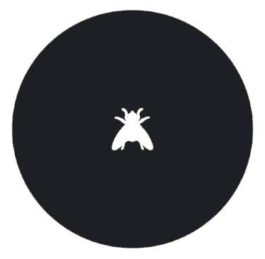 A black housefly silhouette centered inside a dark gray circle on a black background.