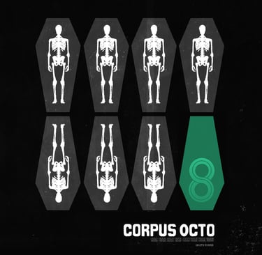 Graphic art featuring human skeletons in coffins with a green eighth coffin icon for Corpus Octo.