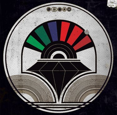 Abstract geometric art print with a black diamond shape and a colorful rainbow fan design.
