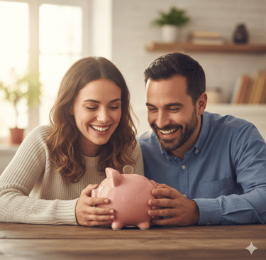 Casal sorrindo e olhando para um cofre de porquinho