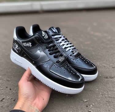 Close-up of a handcrafted sneaker featuring bold dark designs with neon accents, evoking edgy Gen Z style.