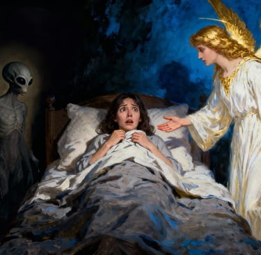 A terrified woman with a Grey and an angel on either side