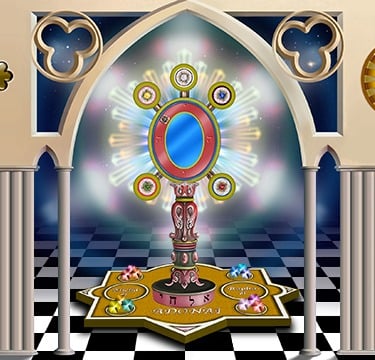 A standing scrying mirror on a plate in a Masonic room