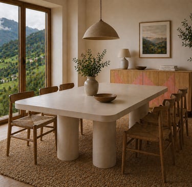 Mesa de comedor de microcemento con patas cilíndricas de microcemento.