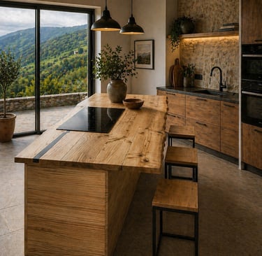 Isla de cocina de madera maciza con toque de resina.