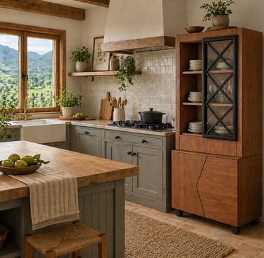 Alacena de madera maciza con puertas geoméricas y puerta corredera metálica,