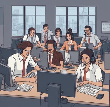 Team of call center agents working efficiently with headsets in a modern office.