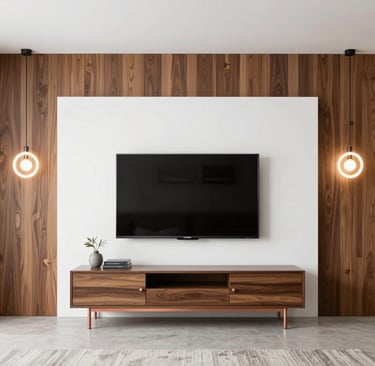 Modern living room featuring a wall-mounted TV over a walnut media console with elegant pendant lighting.