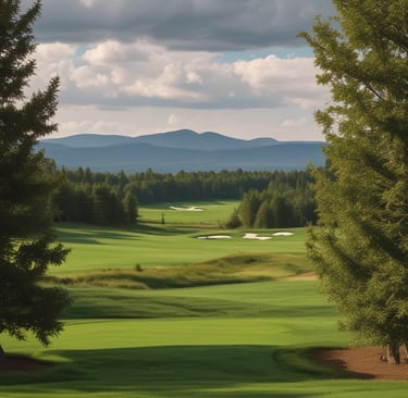 A scenic view of a golf course with golfers enjoying their game.