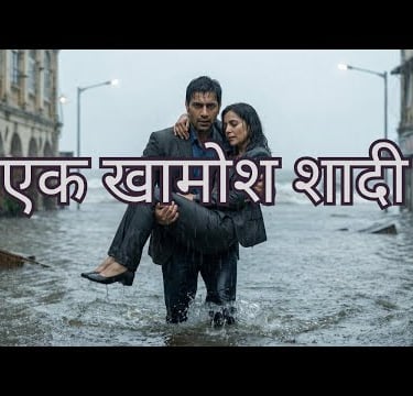 A man carries a woman through a flooded city street during a storm in this intense cinematic drama scene.