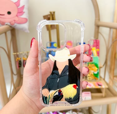 funda pintada a mano de retrato de una chica con un gallo