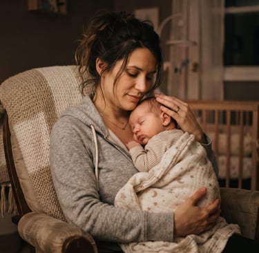 A softly lit nursery at night, a tired but loving parent gently rocking a baby