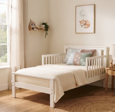 A cozy toddler bedroom with a small bed, soft pastel-colored crib-safe pillow