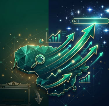 SEO optimizavimas Lietuvoje 2026: Švytinčios strateginio SEO rodyklės kyla virš Lietuvos žemėlapio, 