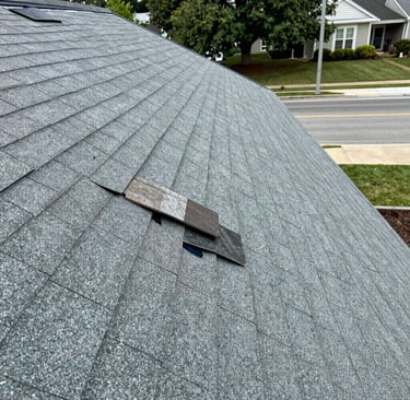 Before and after shots of a roof repair showing damage and the completed fix.
