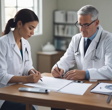 A group of healthcare staff gathered around a table discussing patient care plans.