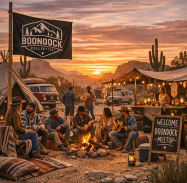 Bring the free‑spirited desert vibe: woven blankets, vintage vans, macramé decor, and sunset