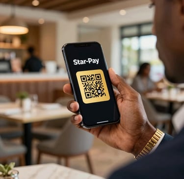 A close-up of a user scanning a QR code on their phone to pay instantly with Star-Pay wallet.