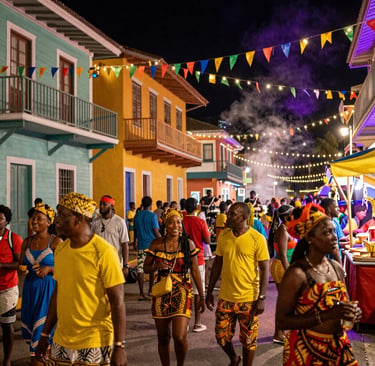 A vibrant night market scene in Georgetown with colorful stalls and happy people enjoying local Caribbean food.