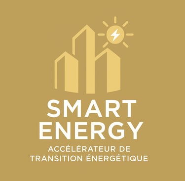 a smart energy logo with a city skyline in the background