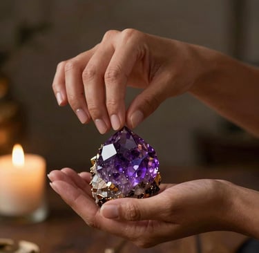 A high-end, artistic photography of an elegant South American woman's hands hovering over a purple crystal, illuminated by soft golden light from a nearby candle, professional and mystic style.