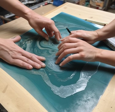 Young woman sitting cross-legged with artwork