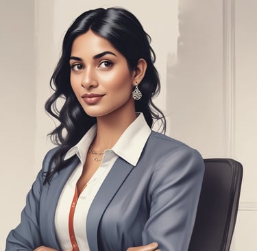 Photo of a confident woman in an office setting, symbolizing a happy corporate client.