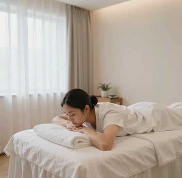 Softly lit treatment room with elegant rose and nude tones, showcasing a serene beauty setting.