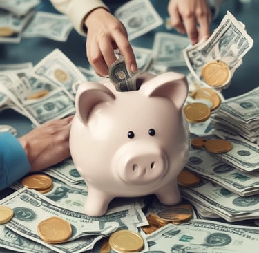 a man holding a jar with a savings label on it