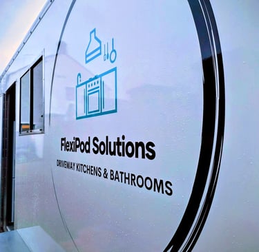 Exterior of a temporary bathroom pod branded by FlexiPod Solutions, supplied for insurance claims and renovation projects.