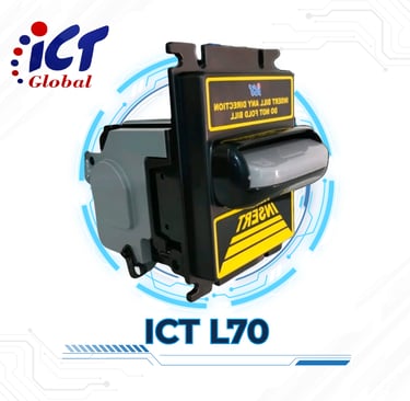 ICT L70 bill acceptor for vending machines with insert stickers and black bezel.