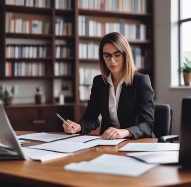 Close-up of legal documents and a pen on a black marble desk.
