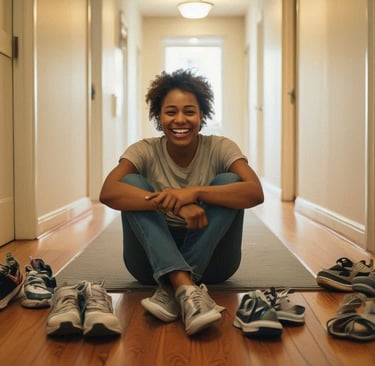 A happy woman sitting in a hallway surrounded by shoes