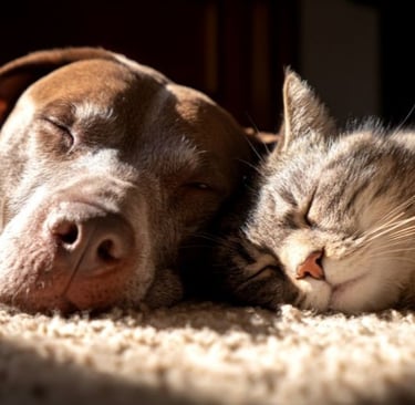 A dog and cat sleeping peacefully next to each other in the sun.