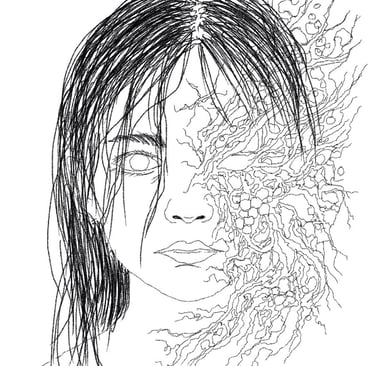 Surreal line art drawing of a woman's face morphing into intricate organic roots and vine patterns.