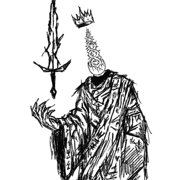 A dark fantasy sketch of a headless king with a floating crown and a jagged sword.