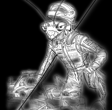 Creative pencil sketch of a praying mantis dressed as a Formula 1 racing driver standing by a car.