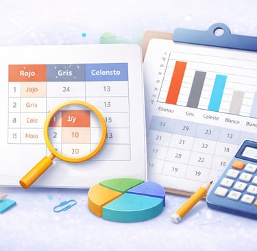 Ilustración de análisis de datos con tabla de frecuencias, gráfico de barras, gráfico circular y calculadora