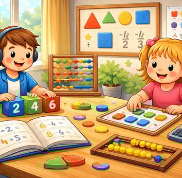 Estudiantes trabajando matemáticas con materiales manipulativos en un aula luminosa: bloques numéricos, ábaco y tablero 